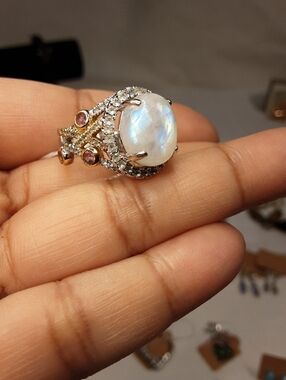 925 moonstone, pink sapphire and topaz.